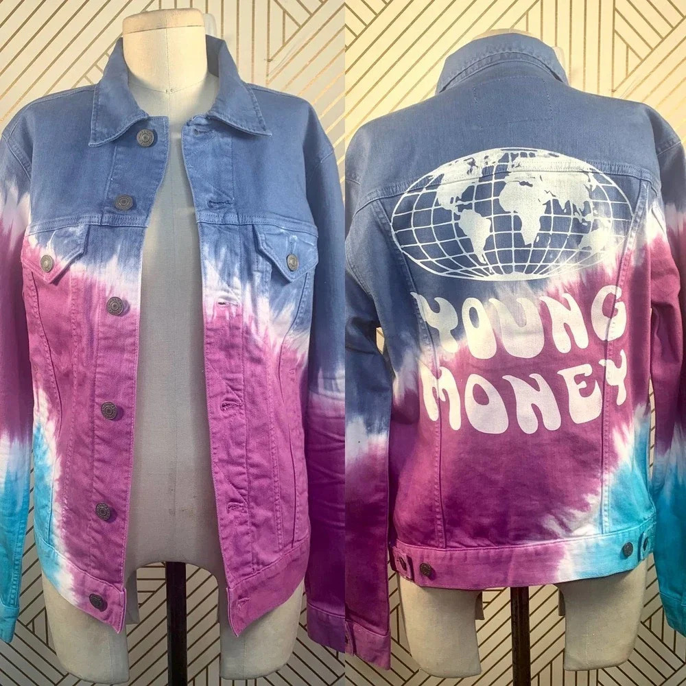 American Eagle Young Money Tie Dye Denim Jean Jacket Blue Purple Size XS